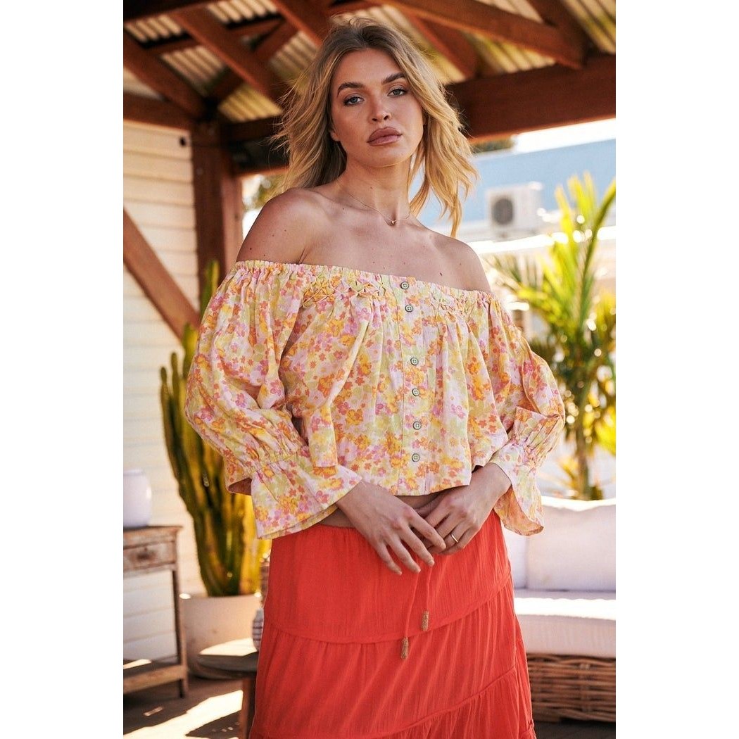 Free People James Smock Cropped Top Floral Printed Smocked Cotton S Nwt 286041